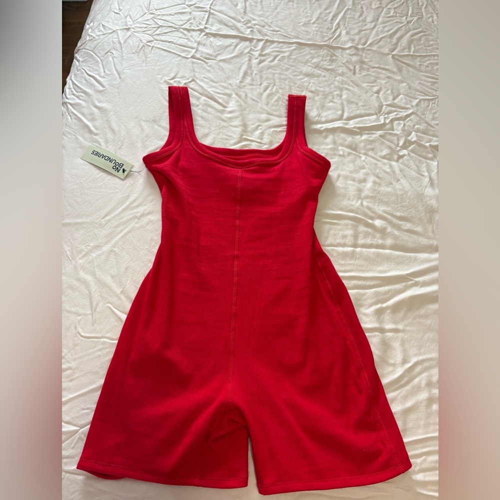 Red Ribbed Square Neck Romper - Picture 3 of 3